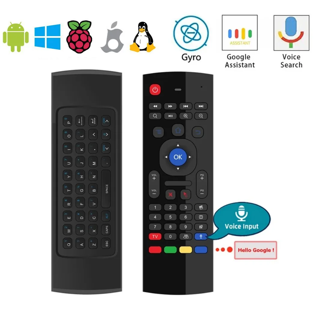 MX3 air mouse giroscopio opzionale Retroilluminazione o voce Con IR Learning Qwerty 2.4G Telecomando wireless 6 assi per Android TV Box