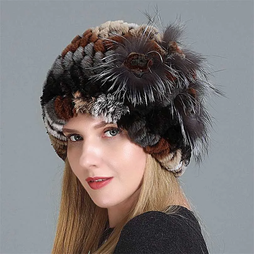 Russian Women Winter Real Rex Rabbit Fur Hats Floral Warm Natural Caps Knitted Lady Top With Hat 211119