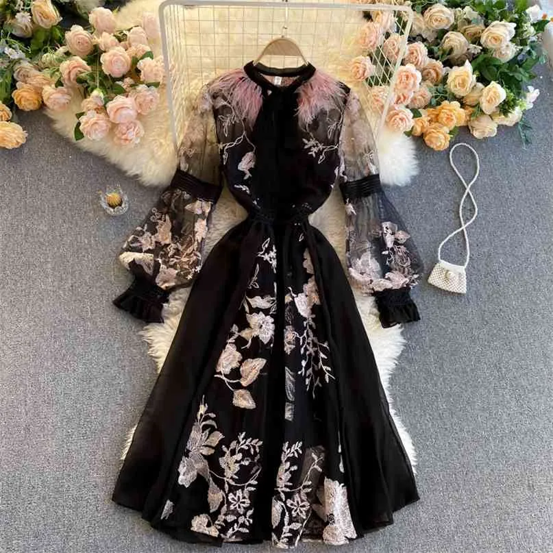 R321 Womens Embroidered Flower Dress - Long Sleeve A-Line Vintage Ostrich  Hair Fabric - Elegant Round Collar Vestido De Mujer