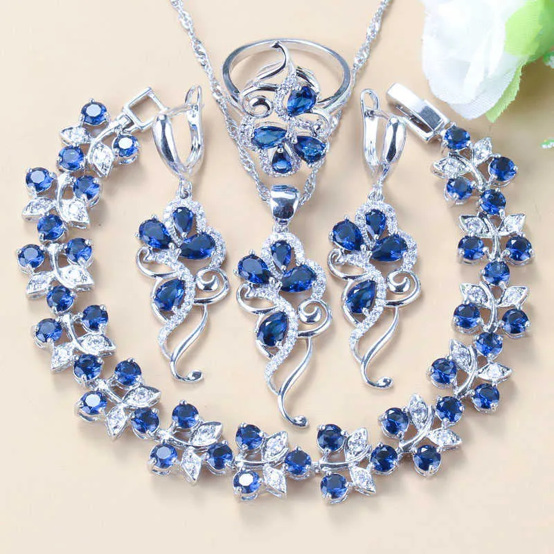 Bijoux de mariage de mariée boucles d'oreilles en zircon cubique bleu/pendentif/collier/Bracelet/bague ensembles de bijoux pour femmes H1022