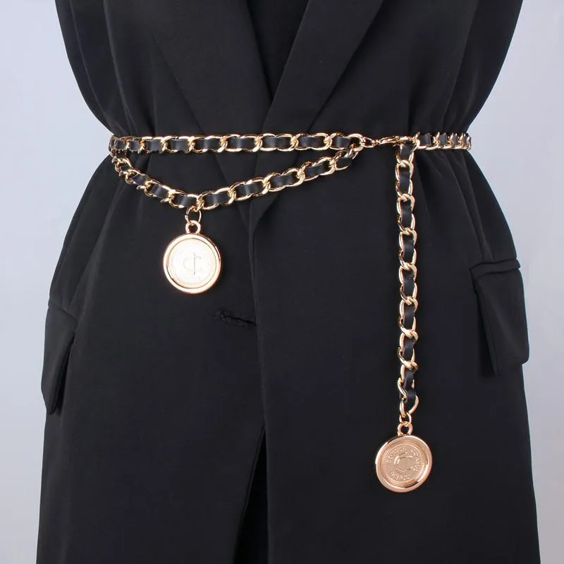 Leather Belts for Women with Round Buckle Metal Chain 2024 Fashion Hip High Waist Designer Luxury Strap Rope Female Fine Waistband
