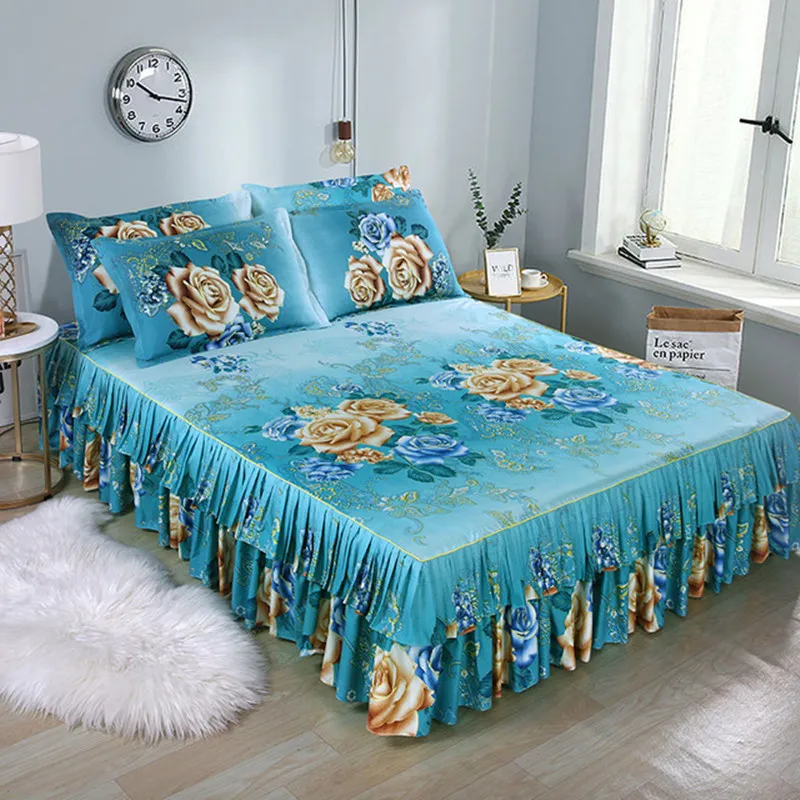 İskandinav Romantik Çiçek Deseni Ruffled Yatak Örtüleri Yatak Etek Kraliçe Yatak Örtüleri Çarşaf Ev Odası Dekor Etek + 2 adet Yastık Kılıfı F0041 210420