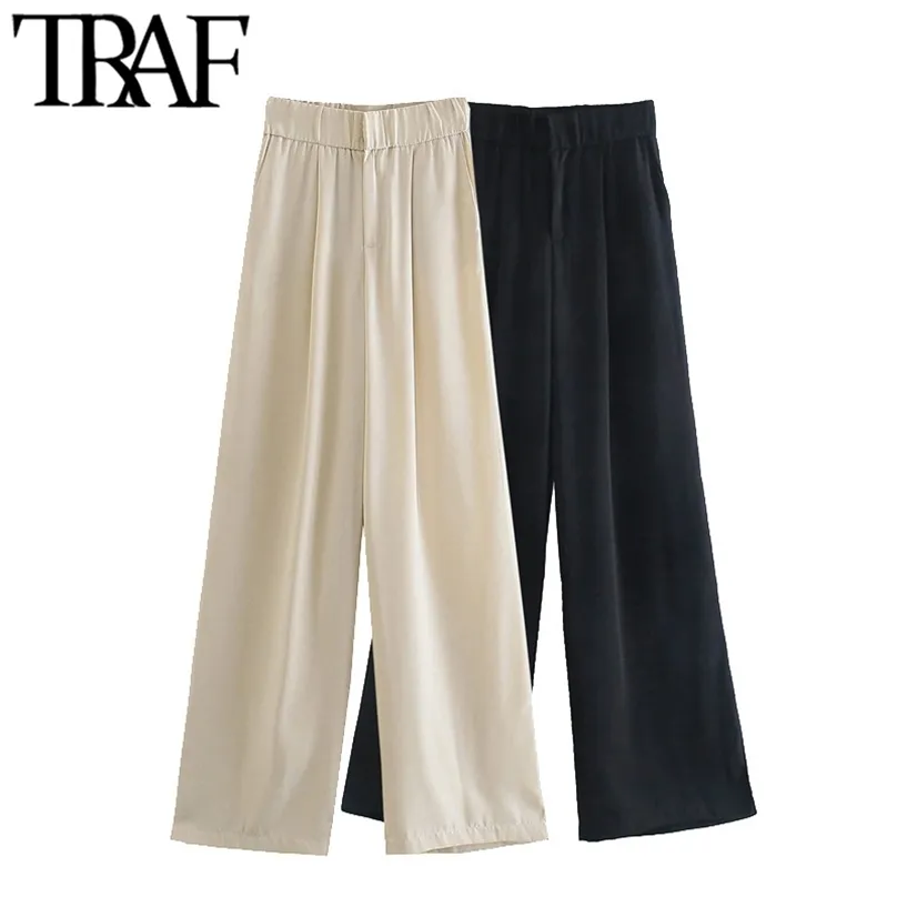 TRAF Women Chic Fashion Side Pockets Darts Wide Leg Pants Vintage High Waist Zipper Fly Female Trousers Mujer 210925