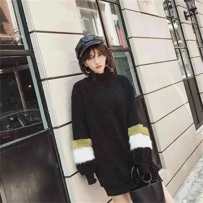 Women plus thickening autumn and winter Korean version of lamb cashmere loose dress 210416