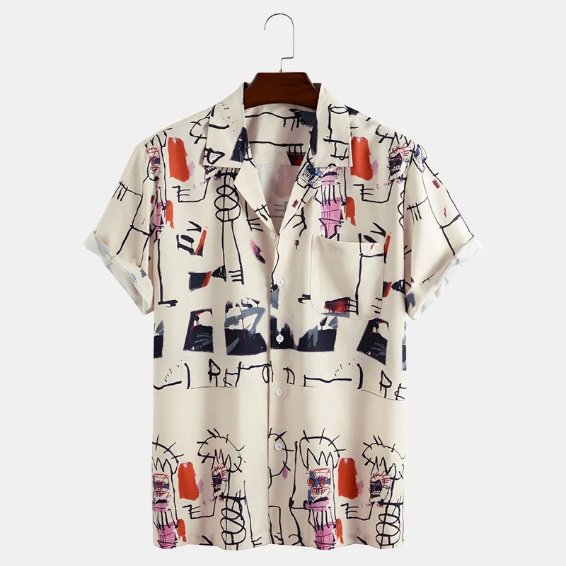 Hawaiian Printing Mens Kortärmad T-shirts Sommargraffiti Skjorta för män Casual Slim Fit Beach Blouse Tops