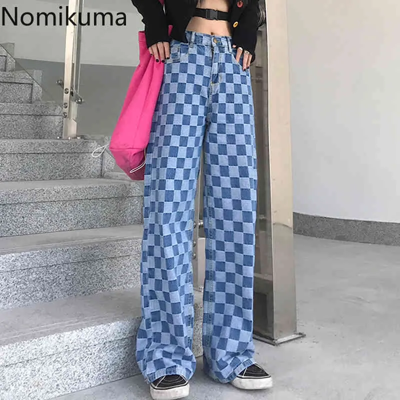 Nomikuma Vintage Plaid Vrouwen Jeans Broek Herfst Winter Koreaanse Hoge Taille Lange Broek Causale Demin Wide Been Broek 6D174 210427