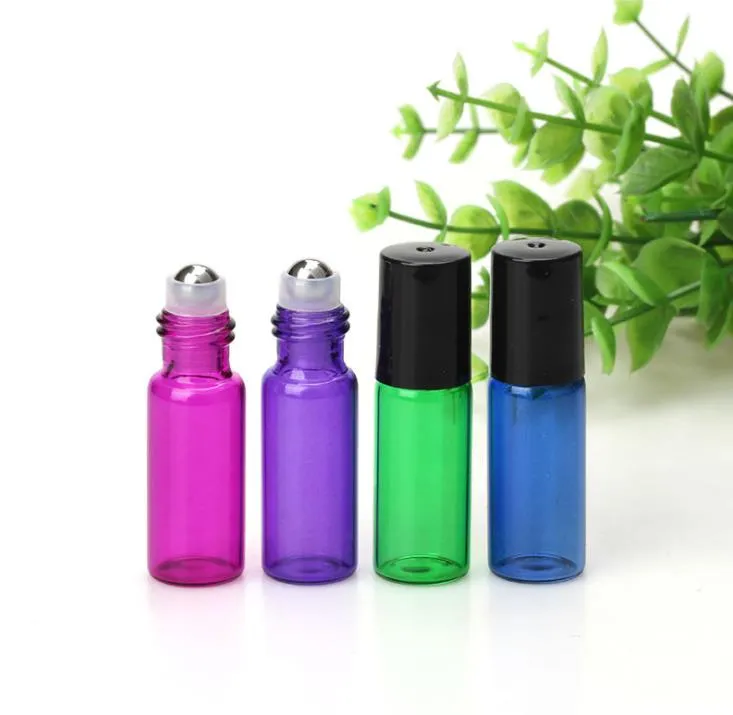 5 ml 1/6 oz Ámbar Verde Púrpura Azul Rodillo de vidrio en botellas Aceite esencial Botella de perfume vacía con rodillos de vidrio y acero inoxidable Bola SN6312