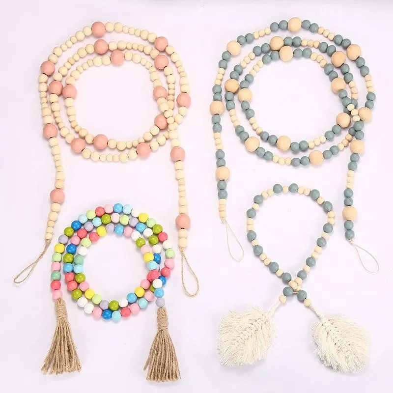 Corda di perline di legno color caramello Ciondolo decorativo Perline creative con nappe in corda di canapa Decorazione domestica in stile campagna nordica