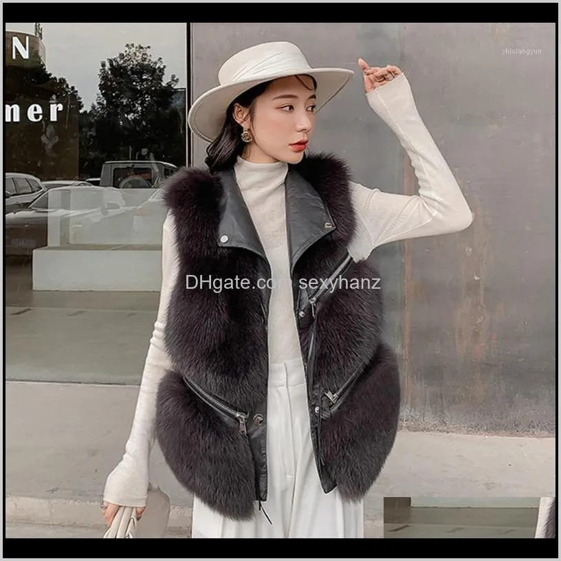 Womens Faux Real Fur Vest Women Design Genuine Sheepskin Leather Gilets With Zipper Lady Luxury Waistcoat S79281 Oegln Qsfwv