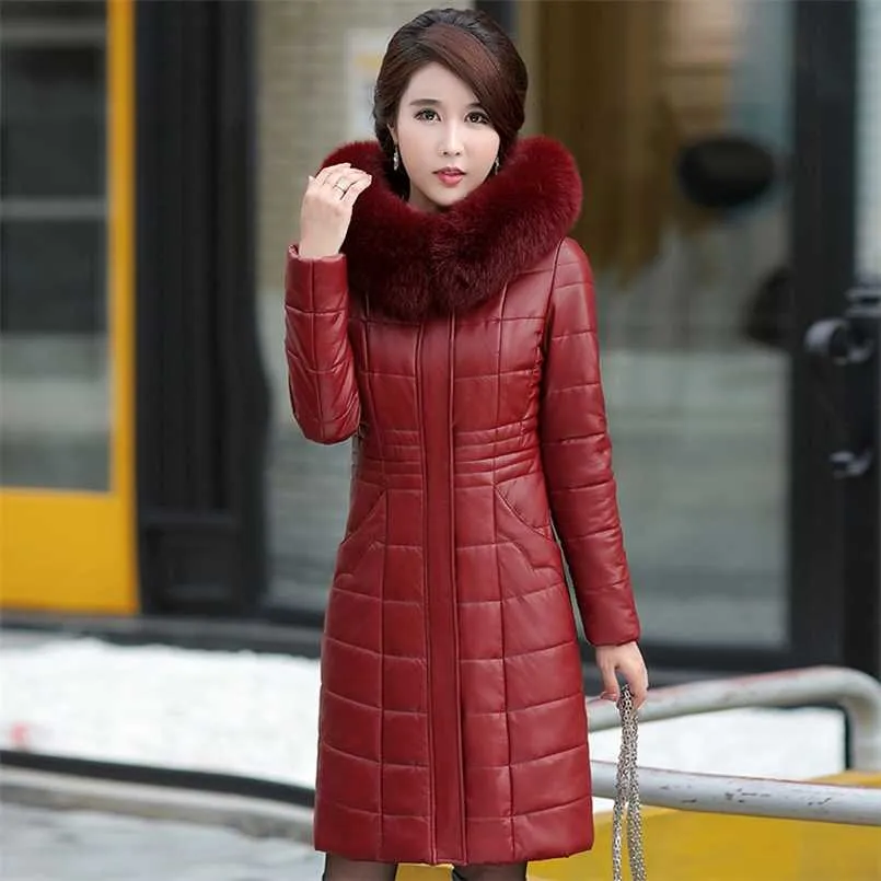 L-8XL Dames Lange Lederen Overjas Winter Moeder Sheepskin Coat Thicken Warm Bont Collar Hooded Jacket Bovenkleding Vrouwelijke 211110