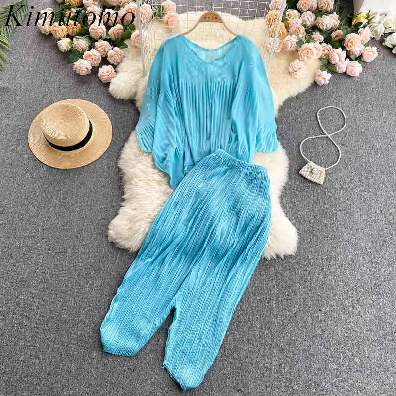 Kimutomo, traje plisado liso para mujer, verano, estilo coreano Ins, para mujer, cuello en V, manga murciélago, pantalones acampanados sueltos, conjunto de dos piezas, moda 210521