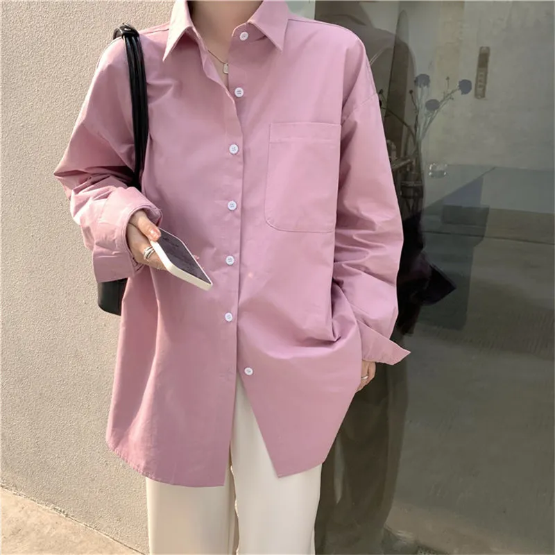 Chic Femme OL Summer Full Sleeves Solid Minimalista Eleganza Outwear Protezione solare allentata Casual Streetwear Brevi camicie 210421