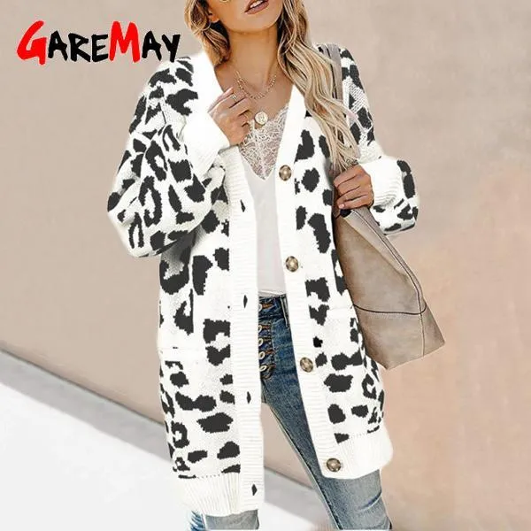 Leopard Print Long Cardigan Female Pocket Lantern Sleeve Loose Knitted Sweater Coat Women Thick Autumn Winter Outerwear Knitwear 210428