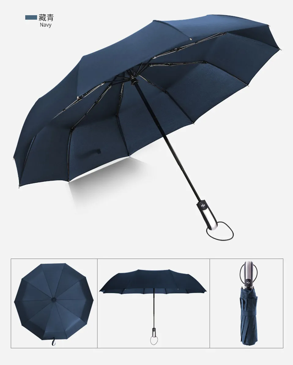 Fully-automatic Three Folding Male Commercial Compact Large Strong Frame Windproof 10Ribs Gentle Black Umbrellas New (10)