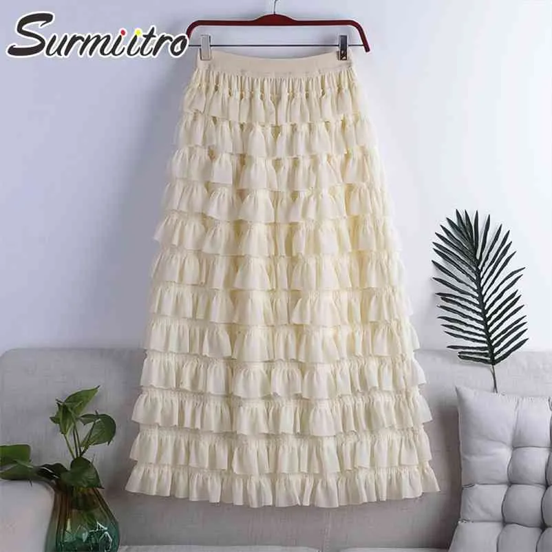 Fashoin Summer Long Tulle Jupe Femmes Style Coréen Élégant Taille Haute Esthétique Maxi Plissé À Niveaux Femelle 210421