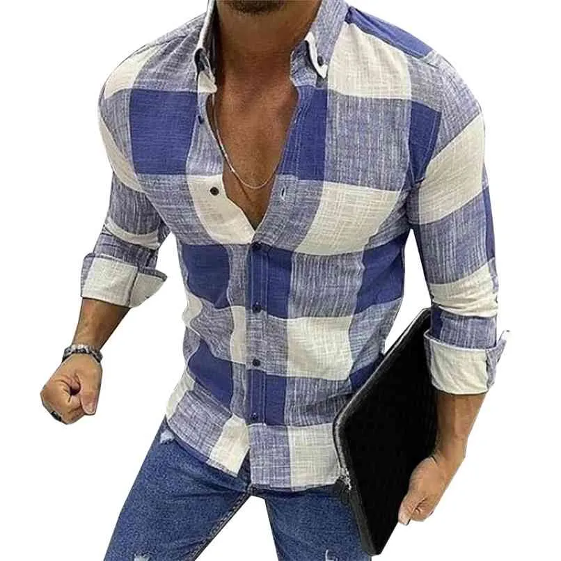 Männer Casual Langarm Button Down Kariertes Hemd Slim Fit Muscle Kleid Hemden Tops Herrenmode Vintage 210809