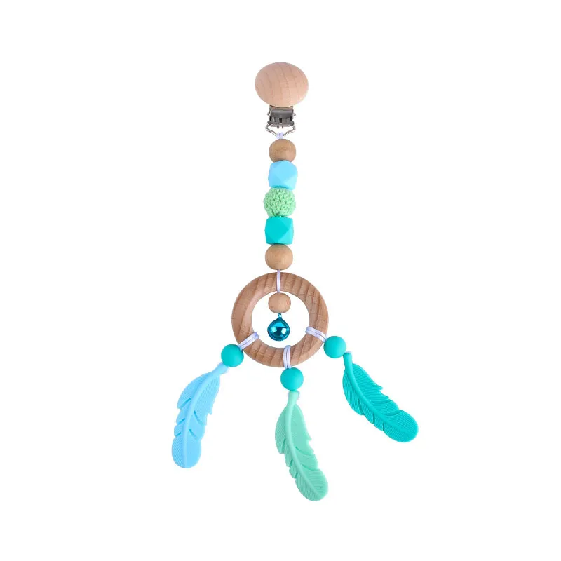 Baby Teether Siliocne Beads Feather Teething Pendant Pram Clip Hanging Toys Mobile Holder Stroller Chain Newborn Wooden Gym 2591 Q2