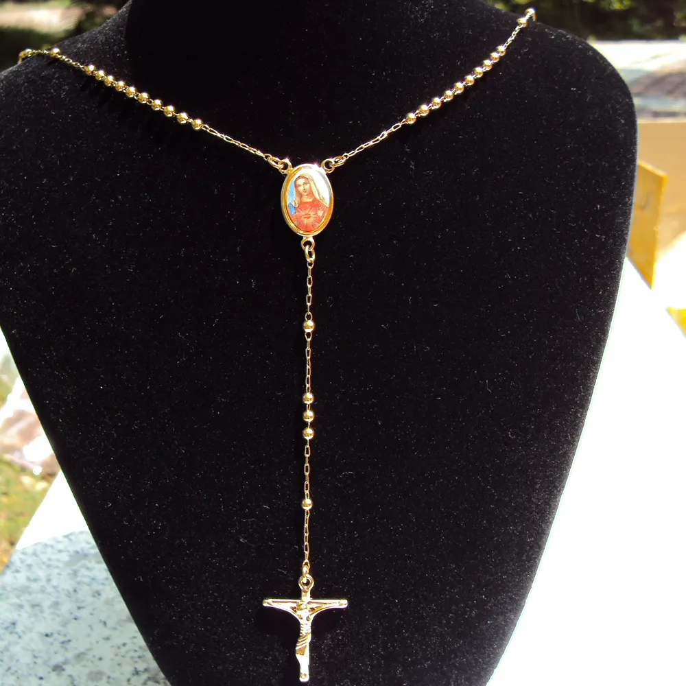 Loyal Womens Cool Jaune Or G/F Croix/Crucifix Pendentif Rosario Chapelet Perles Collier Chaîne