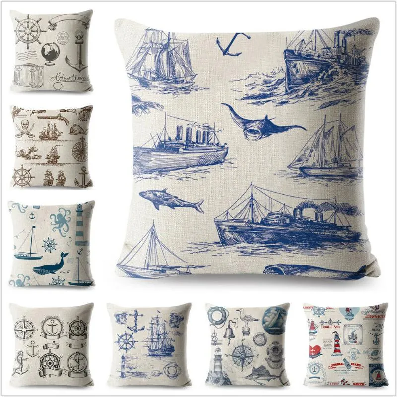 Cuscino/cuscino decorativo Fodera per cuscino stampata per faro di navigazione, custodia per nave, timone per barca a vela