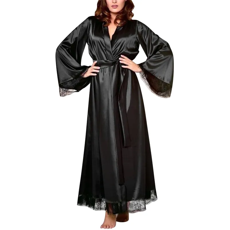 Seksi Gecelik Saten Için Silk Elbiseler Kadın Dantel Nedime Elbiseler Bornoz Feminino Banyo Robe Artı Boyutu Uzun Peignoir Femme D30 210901