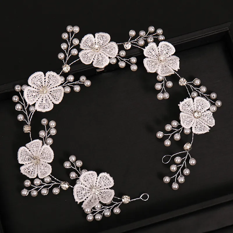 Brud smycken spets blomma pärla flätat hårband huvudbonad vit bröllopsklänning tillbehör