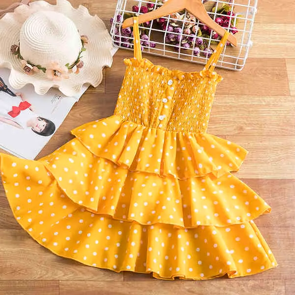 Vestito senza maniche da principessa con imbracatura per ragazze Bambini Stampa a pois Elegante torta di compleanno Strato Abiti da festa Bambini Vestito estivo nero Q0716