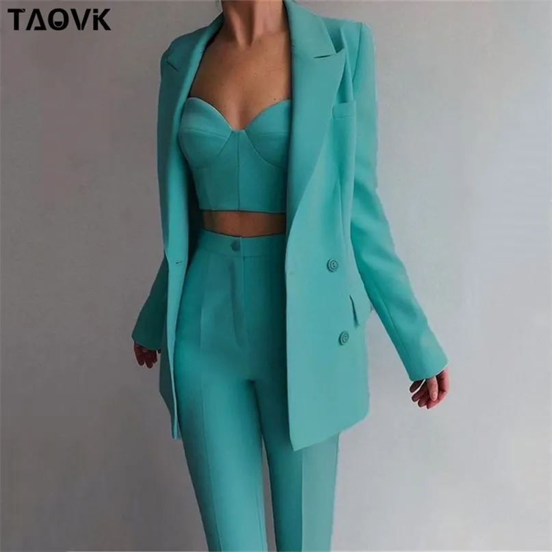 Taovk mulheres ternos fêmea calça escritório senhora negócio formal conjunto uniforme trabalho desgaste blazers camis tops e 3 peças 211105