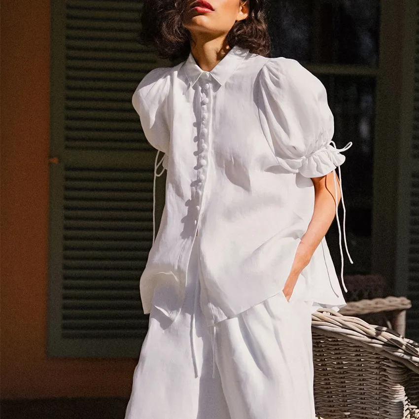 Button Up Shirt Blouse Tops Dames Lace Up Puff Sleeve Vintage White Summer Tops Oversized Chic Streetwear Tops 210415