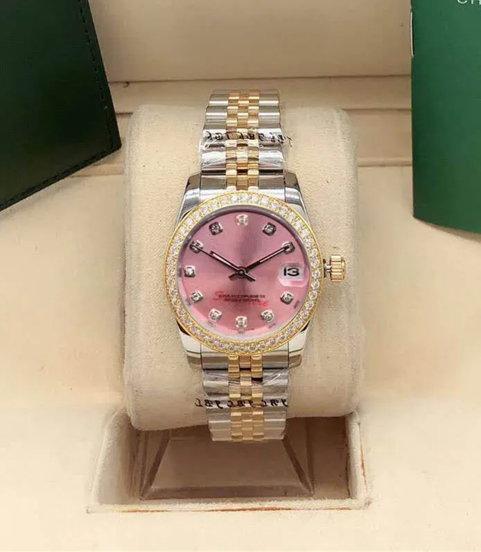 High quality gold fashion 31mm Sapphire Ladies dress Pink watches Mechanical automatic scan date womens watch Stainless steel bracelet Casual Wristwatch box bags