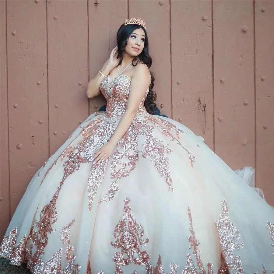 Rose dimethicone gold quinceanera dress