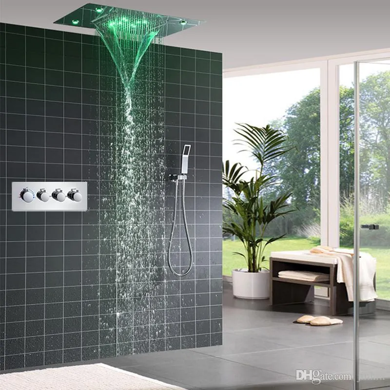 Conjunto de chuveiro de chuva oculto, acessório para banheiro, 360x500mm, cascata, cabeça de chuveiro, termostática, 3 maneiras, válvula desviadora, grande led, banho