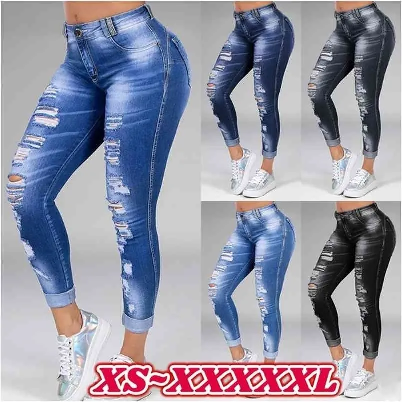 Yıkanmış yırtık jean artı boyutu S-5XL Kore yüksek bel pantolon sıska denim siyah mavi hollow ağartılmış kalem pantolon 210809