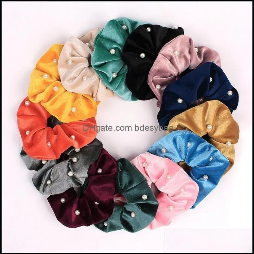 Women Hair Scrunchies Pearl Hair Ties Ropes Velvet Hairbands Stretchy Hairbands Ponytail Holder Girls Accessories 9 Colors