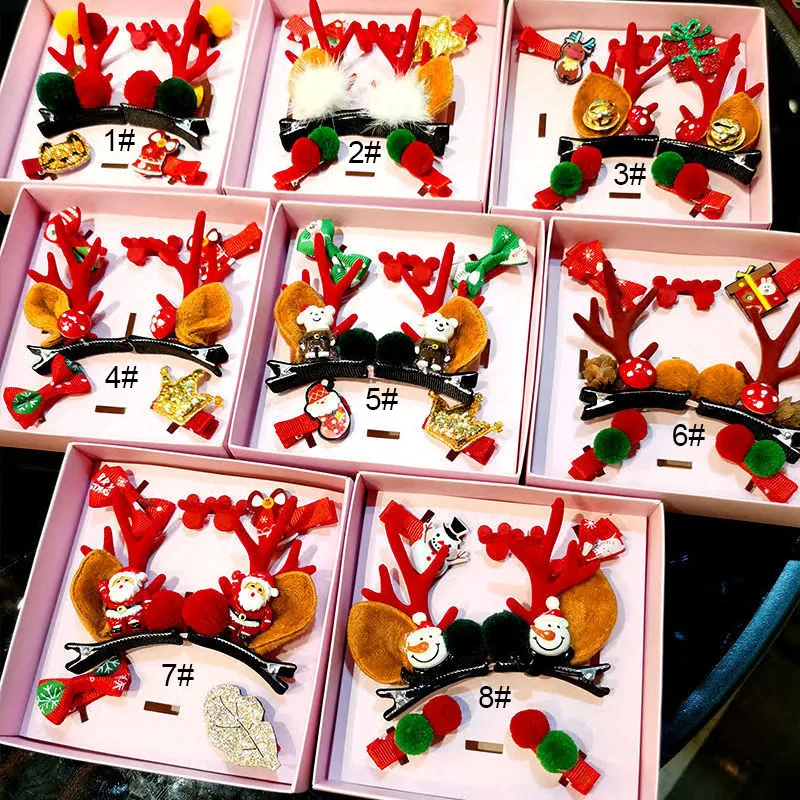 Party Supplies Children's Christmas Hair Accessories Gift Box Set Xmas Antlers Söta snögubbe Girls Elk Head Clip