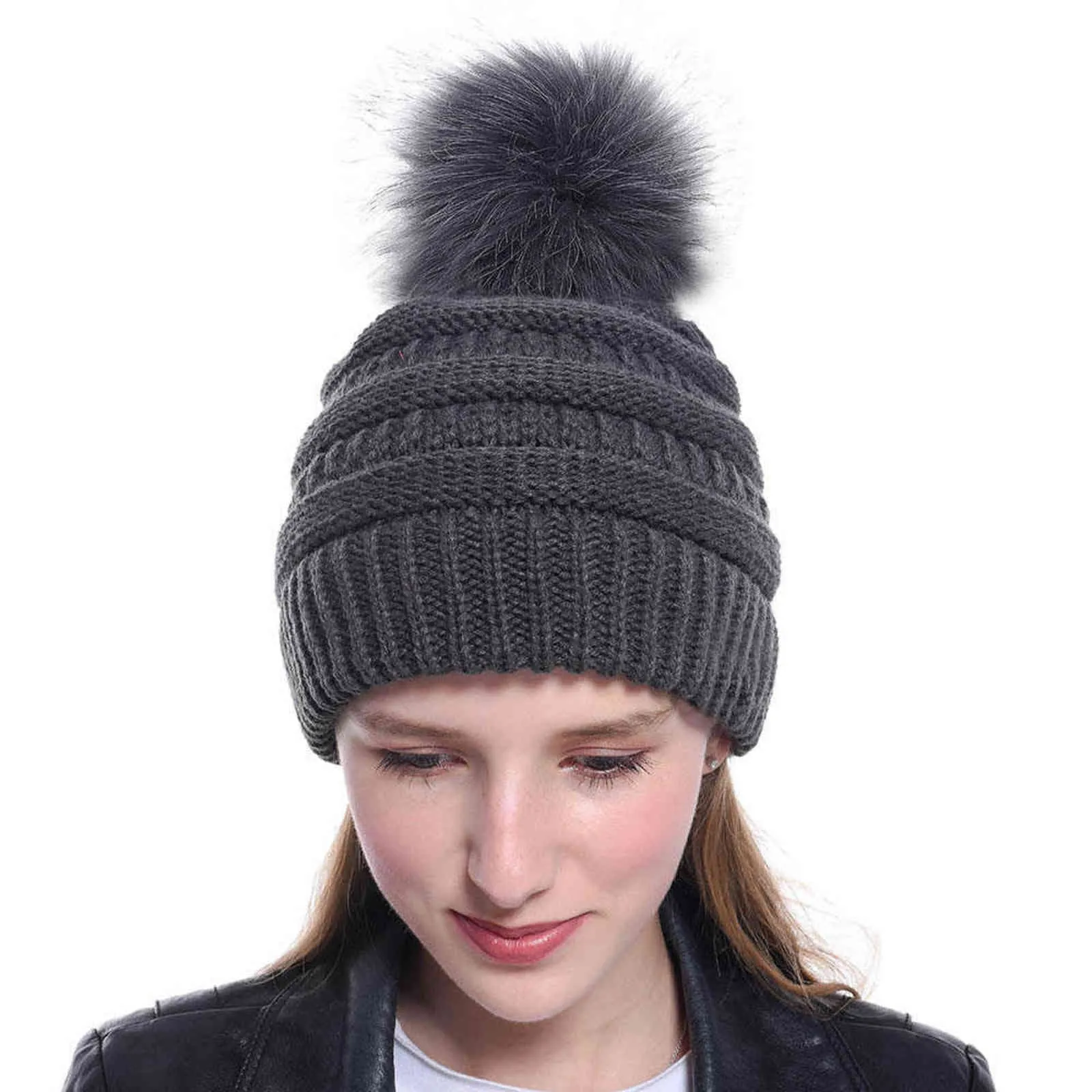 Sparsil Unisex Winter Faux Fur Pompon Beanies帽子暖かいウールニットスカーフキャップ女性スポーツスキーポンポムバラクラバボンネット男性Y21111