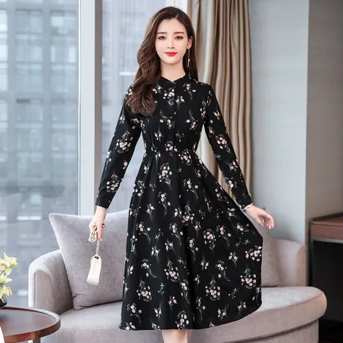 Party Wear Long Middy Dress Sleeve Midi Dress Floral Long Sleeve Workwear  Dresses Vintage Floral Chiffon Midi Dress For Women Plus