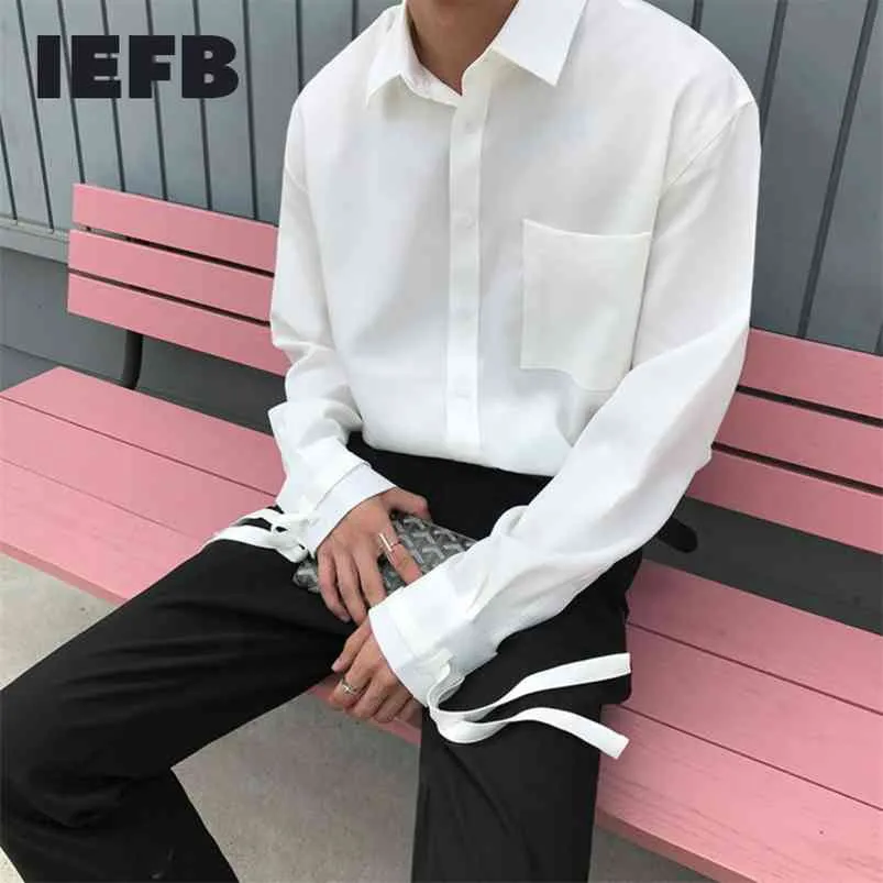 IEFB / Dos Homens Desgaste Primavera Moda Branco Camisa Vermelha Masculino Tendência Bonita Bandage Cuff Manga Longa Tops Casaul Design 9Y878 210721