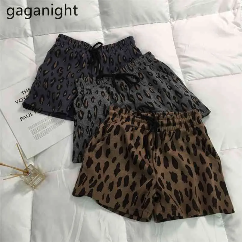 Vår hög midja bred ben leopard shorts kvinnor casual lös varm a-line tjejer eleganta korta byxor 210601