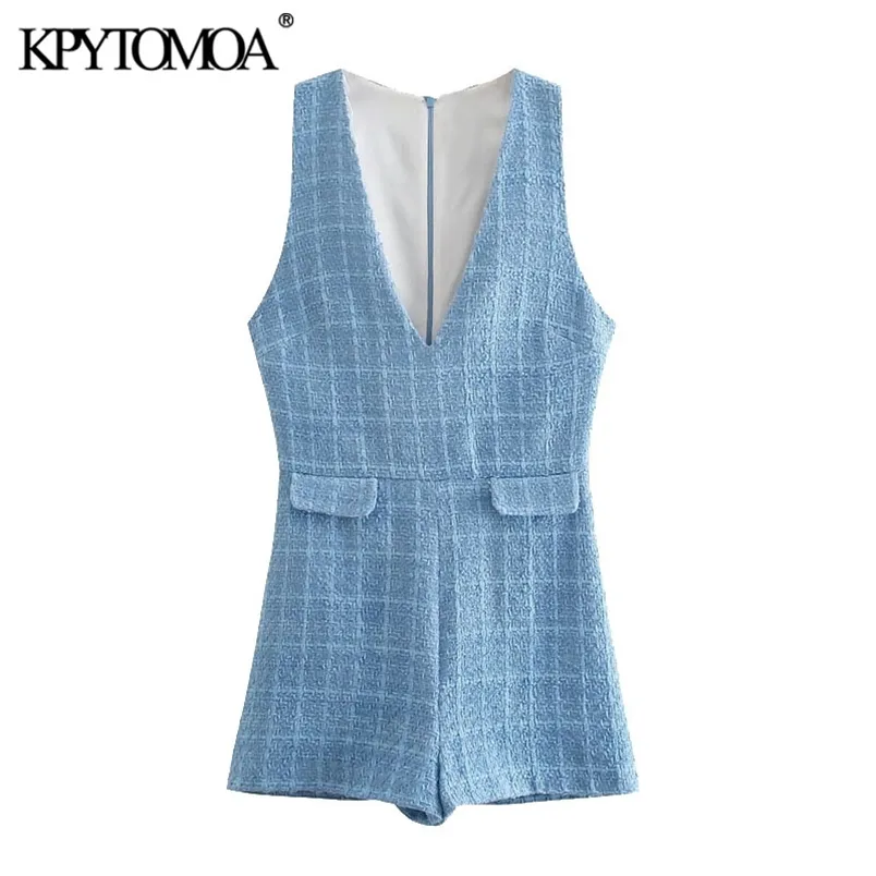 Women Chic Fashion False Pockets Tweed Playsuits Sleeveless Back Zipper Female Short Jumpsuits Mujer 210420