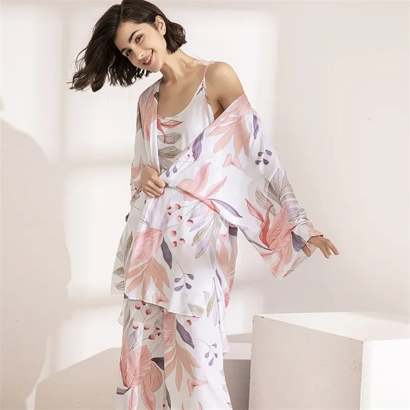 SELLING 3Pcs Soft Pajama Set For SPRING & FALL Ladies Sleepwear Floral Printed Pink Leaves Cardigan+Camisole+Pants Homewear 210809