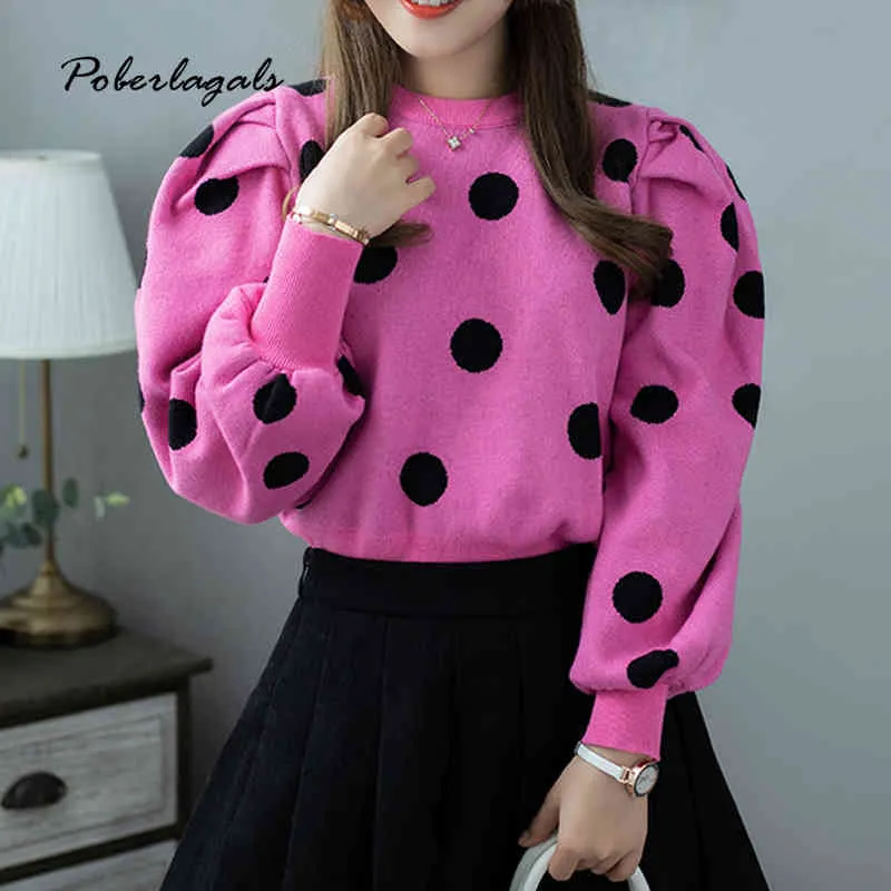 Moda Jumper Jesień Zima Polka Dot Dzianiny Sweter Kobiety Koreańscy Swetry Overse Swetry Kobiet Puff Sleeve Wild Pullover 210420