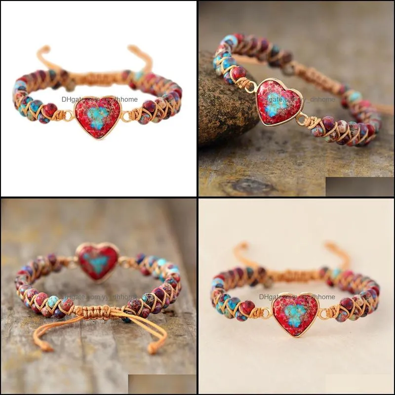 Beaded, Strands Natural Stone Heart Charm Bracelets String Braided Macrame Friendship Wrap Bracelet Women Jewelry