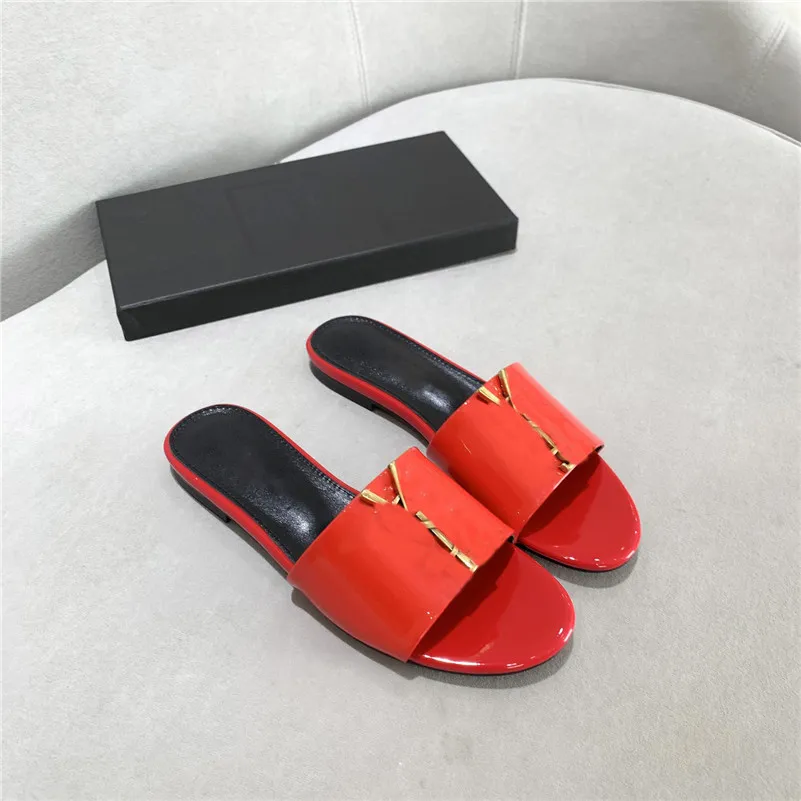 Luxury designer Women Sandals Chunky Heel Slip-on Style High Heels Patent Leather Flat Slides Slippers With Dustbag
