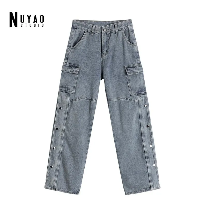 Kvinnors jeans 2021 Höst Ins High Waist Arbetsbyxor Slit Knappar Casual Loose Harajuku Mode Wide-Ben Denim Rak Byxor