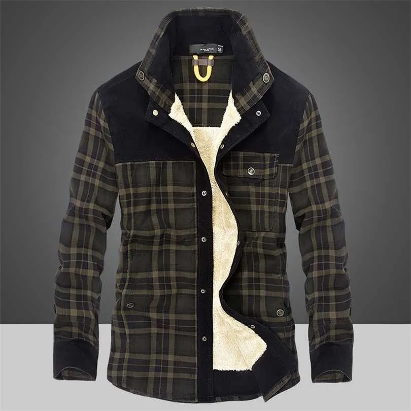 ウィンタージャケット男性厚いフリースシャツコート100％コットン格子縞フラネルミリタリー服チャーケタスホムブレサイズM-4XL 211126