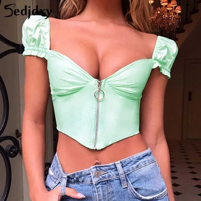 Cremallera Pecho Bajo Sexy Cuello En V Profundo Camiseta Mujer Manga Petalo Solido Crop Top Senoras Vintage Camiseta Tops 2019 Verano X0726 De 9 31 DHgate