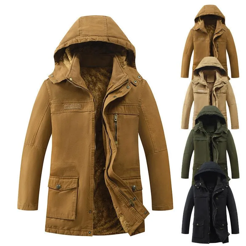 Men's Jackets Winter Hooded Cotton Padded Jacket Solid Color Plush Thickened Large