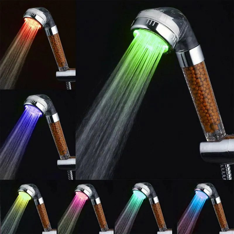 LED Renkler Işıklar Değişen Duşlar Kafa Banyo Aksesuar Seti Hiçbir Pil Otomatik İyonik Filtre Taş Yağış Banyo Duş Başlıkları WLL1236