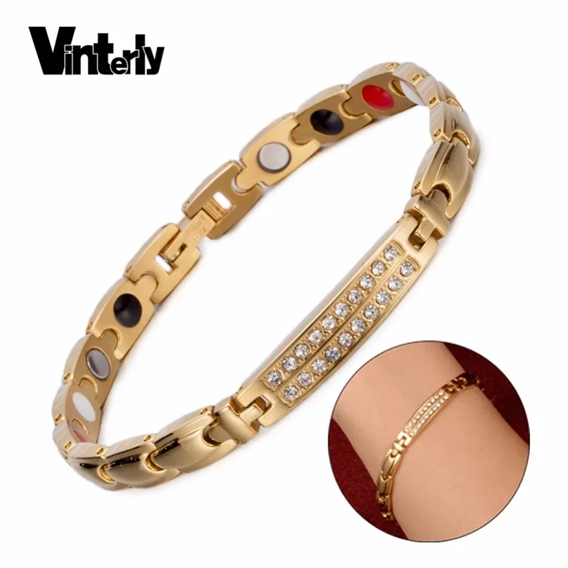 Vinterly Energy Magnetic Bracelets for Women Gold Color Crystal Chain Link Stainless Steel Germanium ID Bracelet Femme 211124