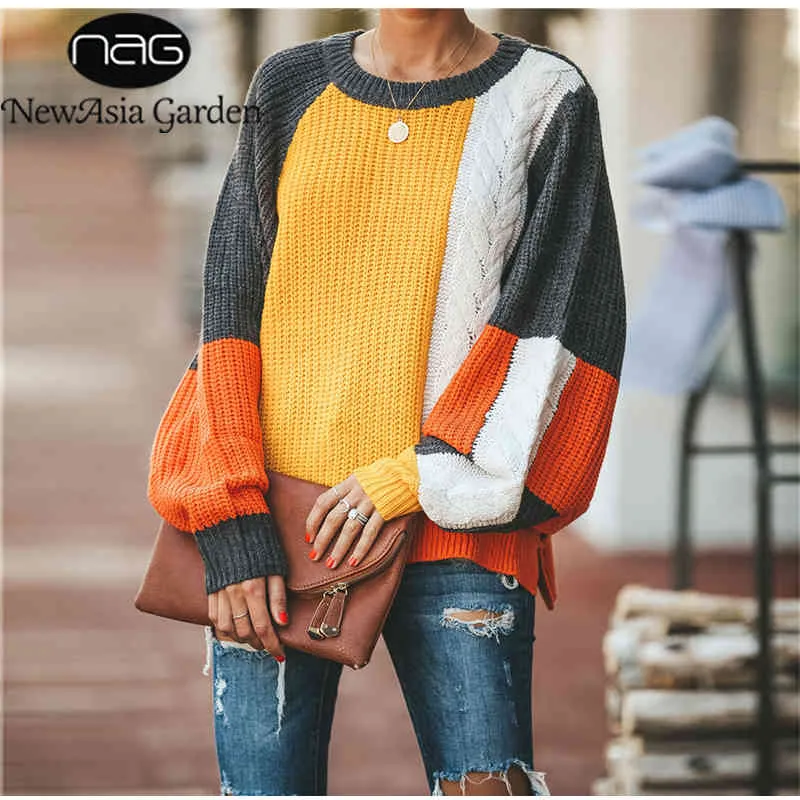 Newasia Sweater Oversized Mulheres Nova Outono Inverno Longa Batwing Manga Solta Jumpers Moda Pullover Pullover Tops 210413